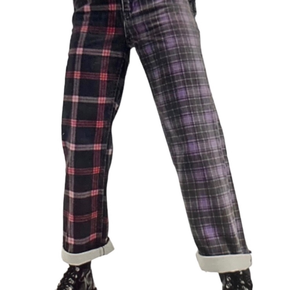 NWT The Ragged Priest Jekyl Jeans Dad Jeans In Half And Half Plaid Denim Size 24